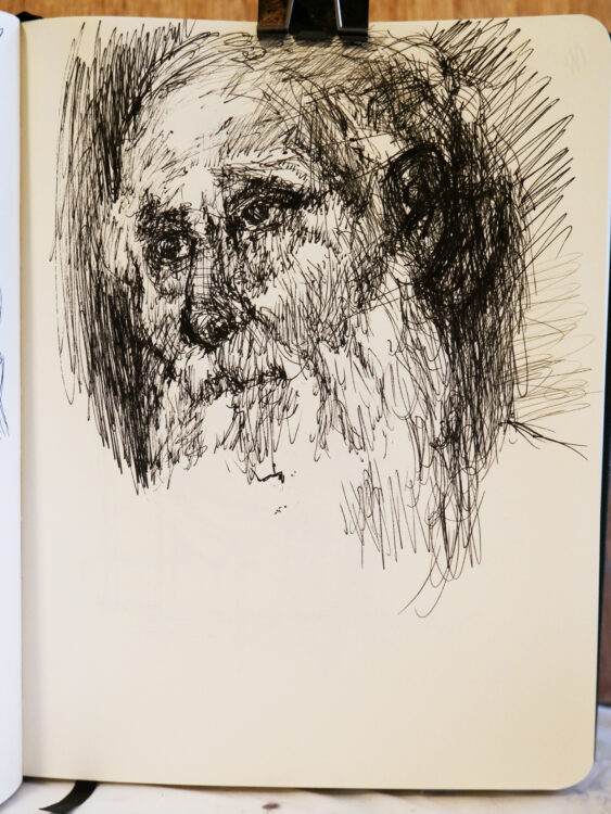 Study from Velasquez'-St Anthony-Abbot-Visits-St-Paul-the-Hermit, archival ballpoint pen, 2022-8.8 x 6.75 inches, $525