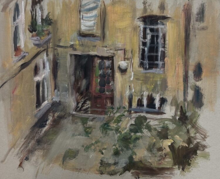 Berlin courtyard, oil on cardboard, 2017 unframed $850   To purchase: val@valnelson.ca