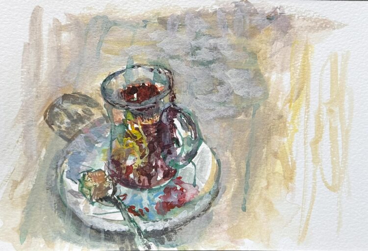 Turkish coffee, 4 x 6 ins, watercolor, 2025, unframed  $275   To purchase: val@valnelson.ca