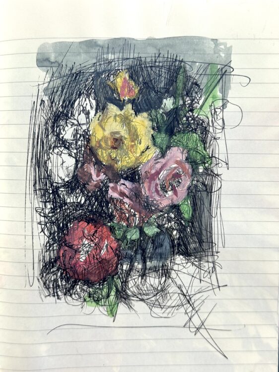 Roses, 6.5 x 5 inches, watercolor and ink in moleskine sketchbook, 2025  $370   to purchase: val@valnelson.ca