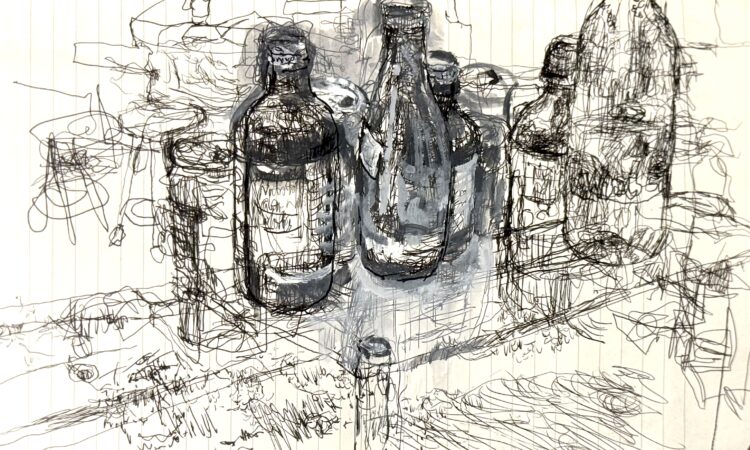 Bottles-at-Gene- 8.25x5 inches, ink and gouache on Moleskine sketchbook paper   $625