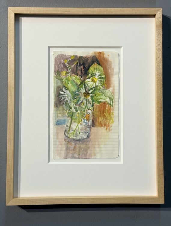 Daisies 2, watercolor, gouache, and ink on Moleskine sketchbook paper, framed $625.
