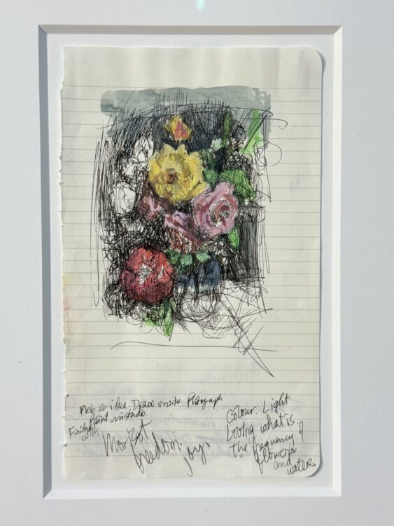 Roses, watercolor and ink on Moleskine sketchbook paper, framed  $625.