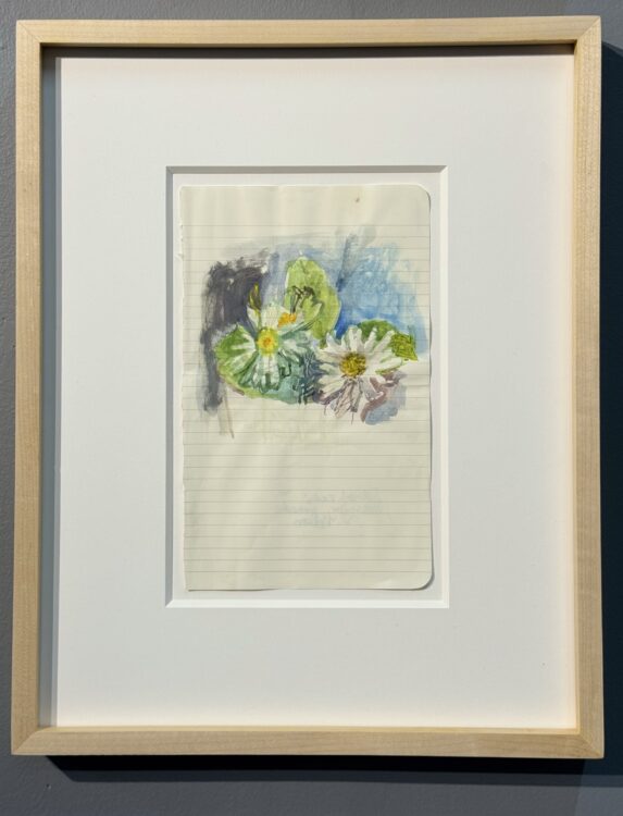 Daisies 1, watercolor, gouache, and ink on Moleskine sketchbook paper, framed $525.