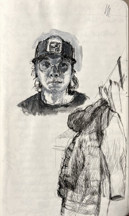 Jack-and Coat, 8.25 x 5 inches, ink and gouache on Moleskine sketchbook paper, framed   $625